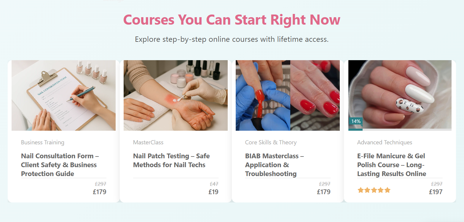 Artistic Touch Nail Training Academy course offerings showing BIAB Masterclass and E-File Manicure training options