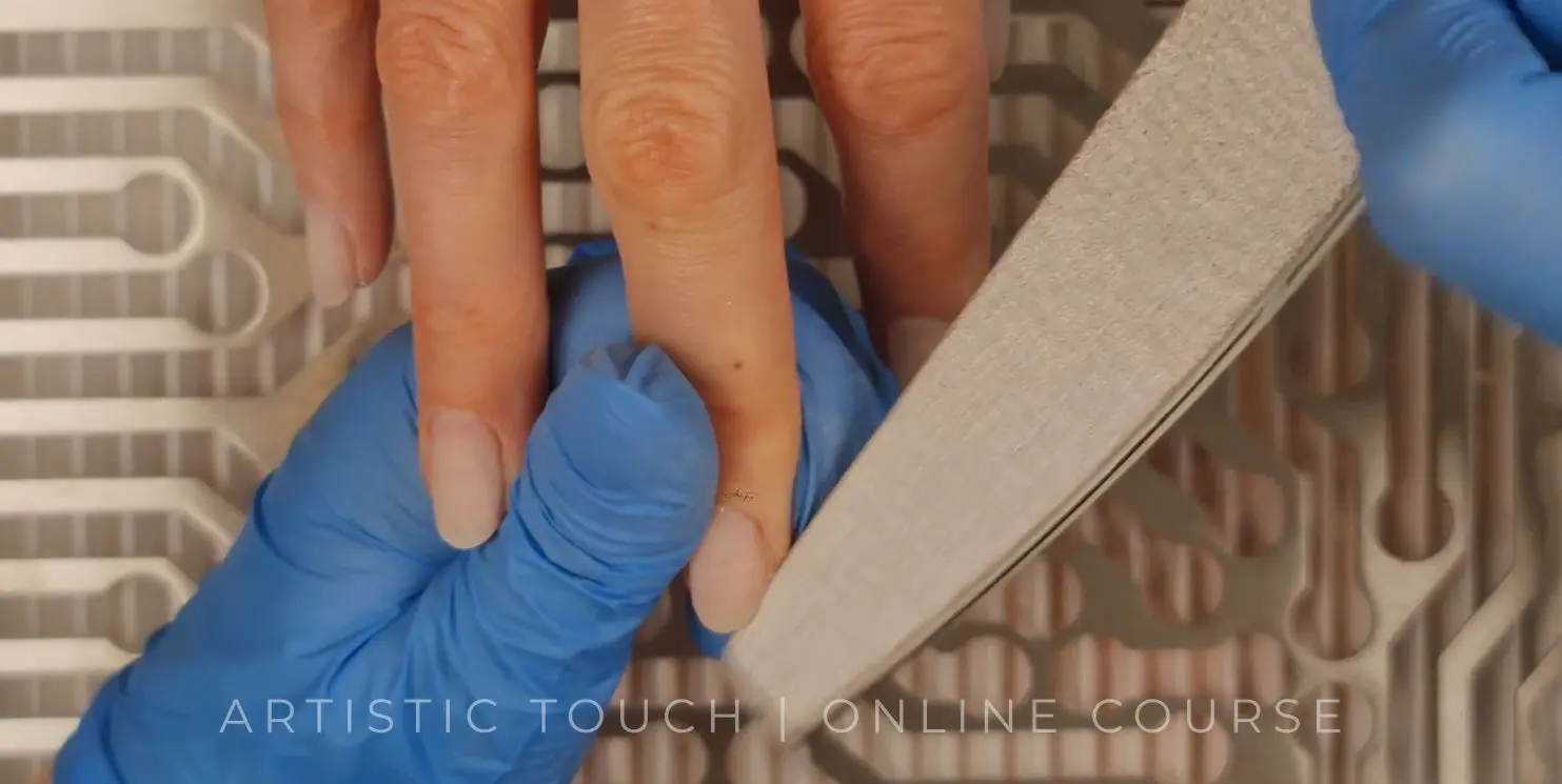 BIAB Builder in a Bottle refining and shaping with hand file - nail technician smoothing structure