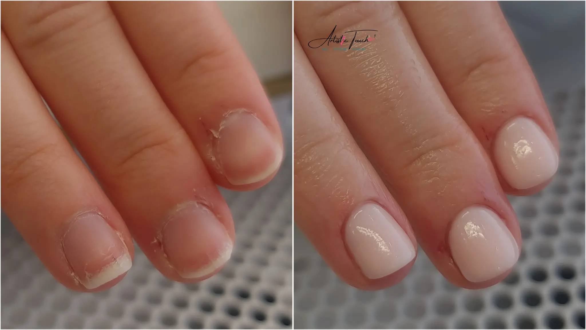 BIAB nail strengthening results showing before and after transformation of short weak nails to strong healthy nails