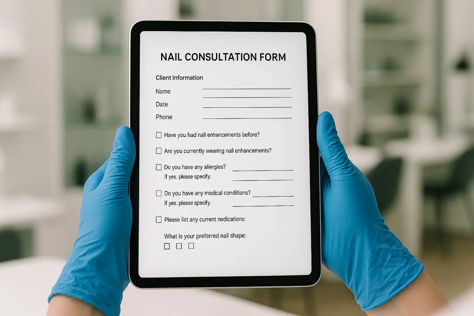 Professional nail technician using digital tablet for client consultation form with blue gloves