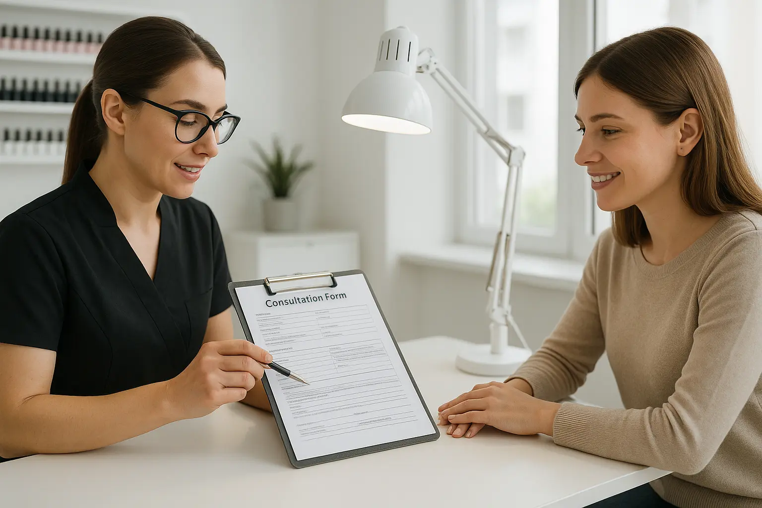 Nail professional reviewing consultation form with client before nail treatment appointment