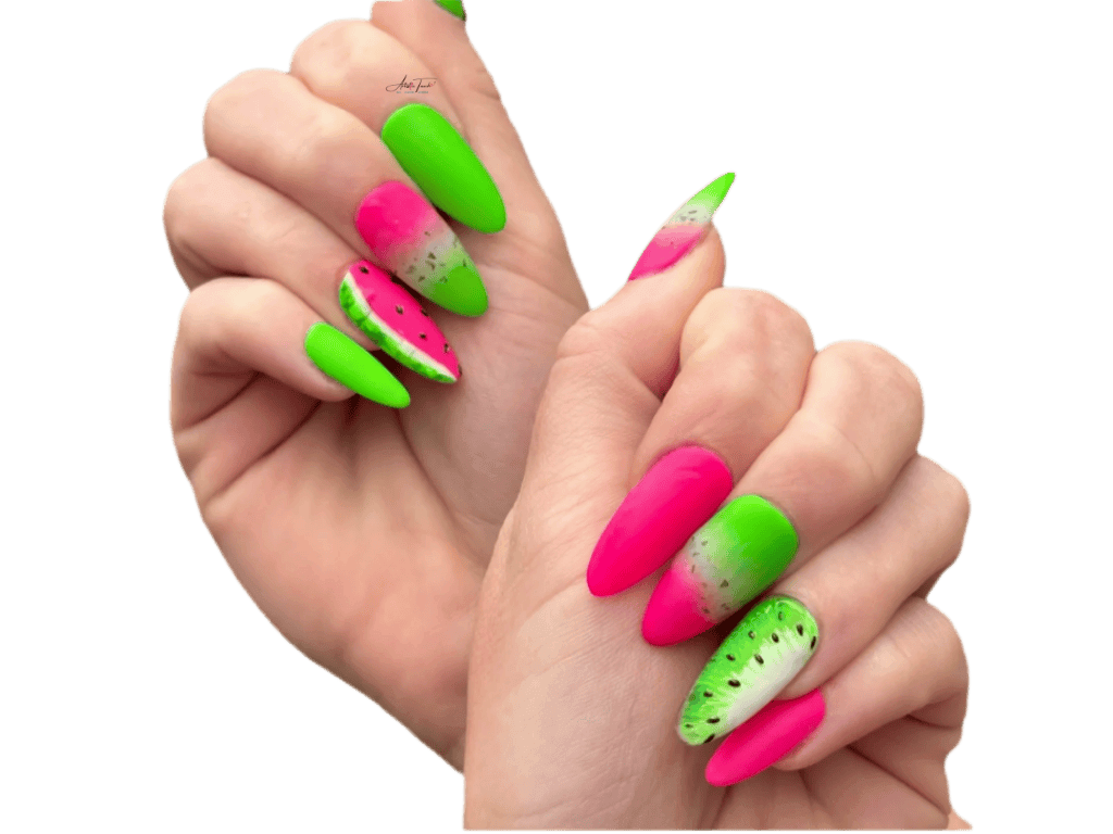 Professional nail art training - watermelon and kiwi fruit design demonstration by certified nail educator
