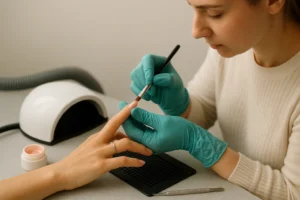 Beginner nail technician student learning and practicing professional nail techniques with training materials and practice hand
