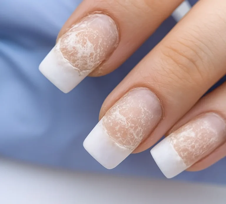 Severe gel nail lifting caused by improper cuticle preparation showing separation at multiple nails