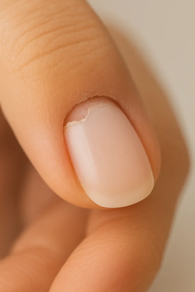 Close-up of gel nail lifting at cuticle zone showing common application problem that causes early failure