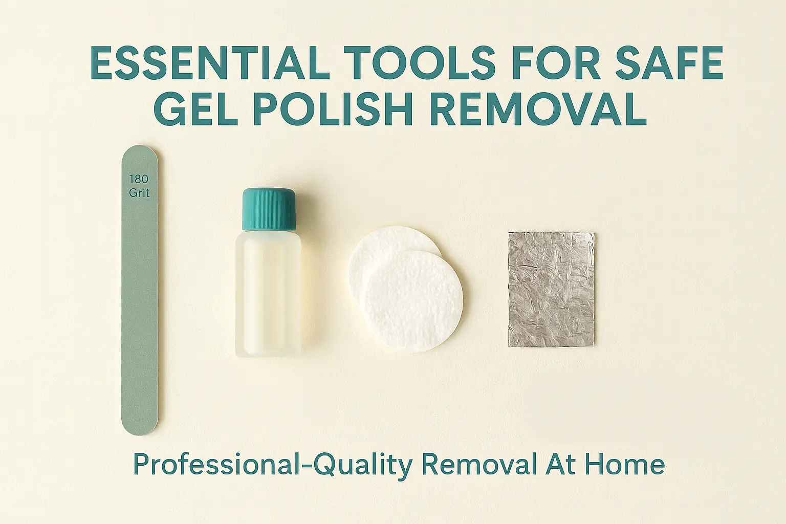 Essential tools for safe gel polish removal including 180 grit file, pure acetone, cotton wool, foil wraps, and orange wood stick