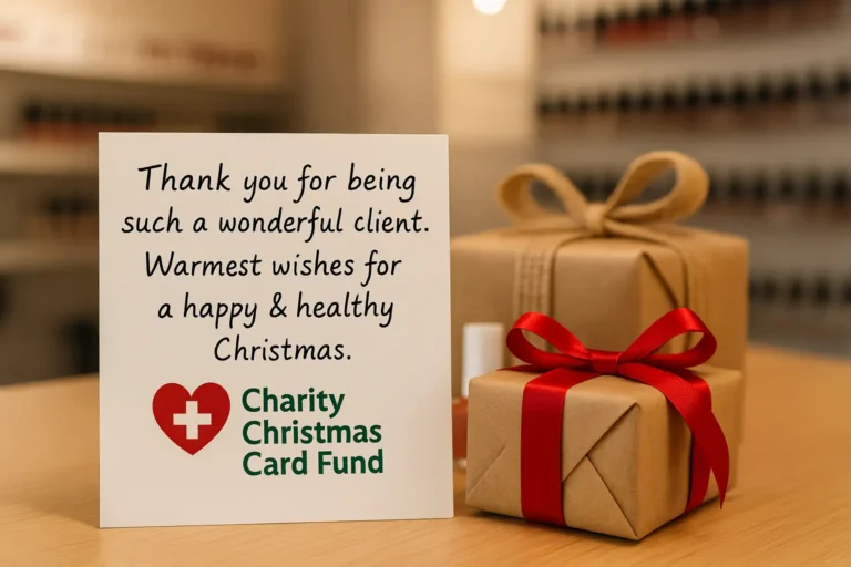 Nail technician writing personalised Christmas card for salon client with professional nail polish display and festive decorations in background