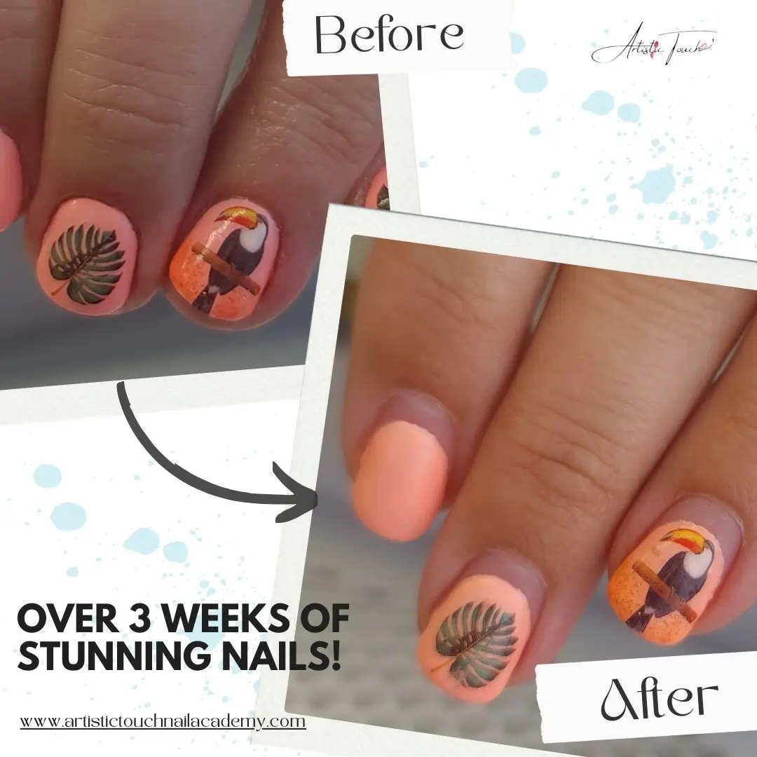 Nail stickers before and after showing 3 weeks durability proof with no lifting or peeling