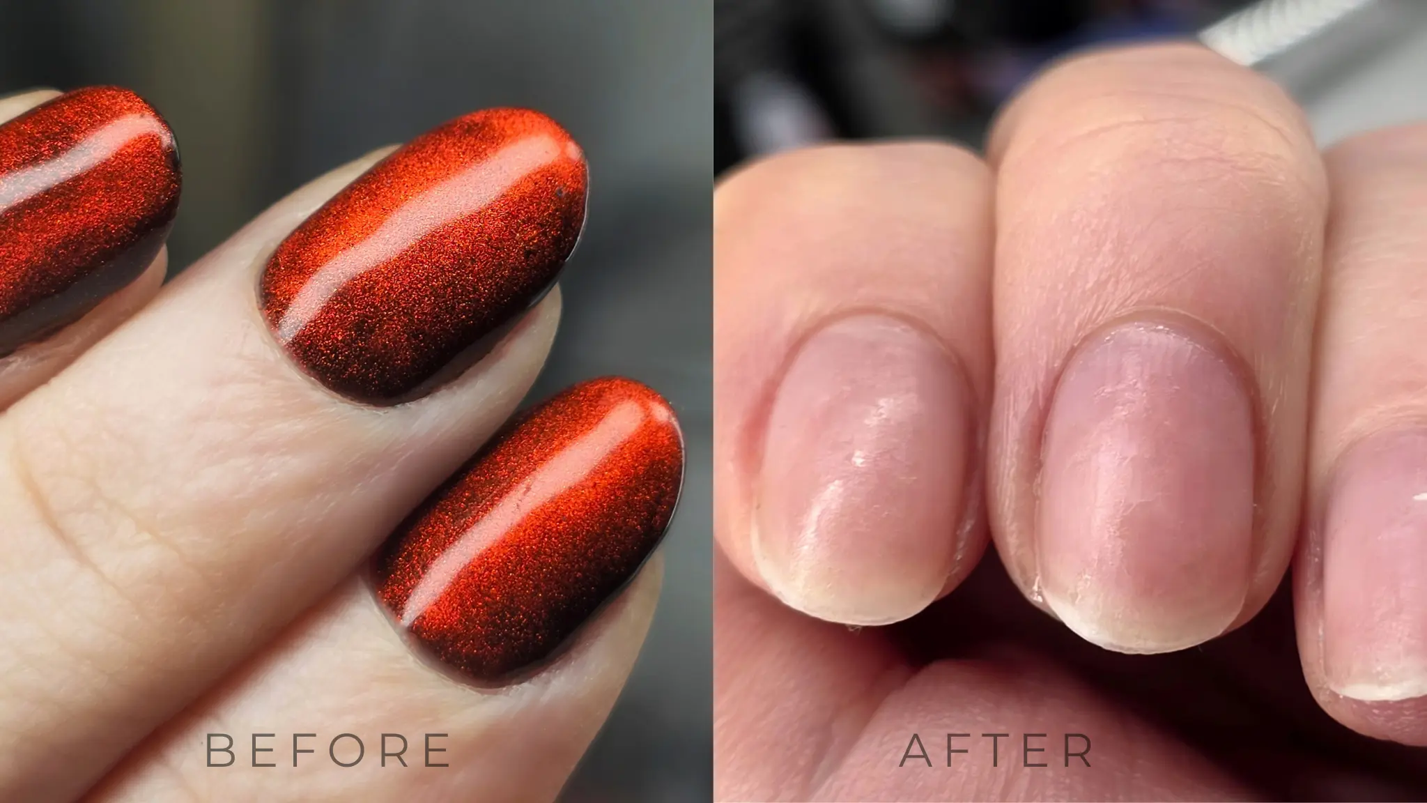 Complete guide to safe gel polish removal at home showing before and after results with healthy undamaged natural nails