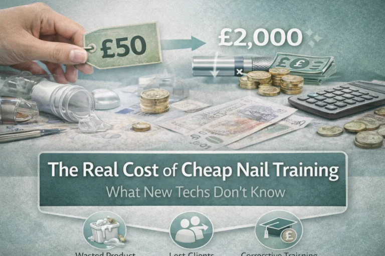 Visual illustration showing the hidden costs of low-quality nail training, including wasted product, lost clients, and the need for corrective education.