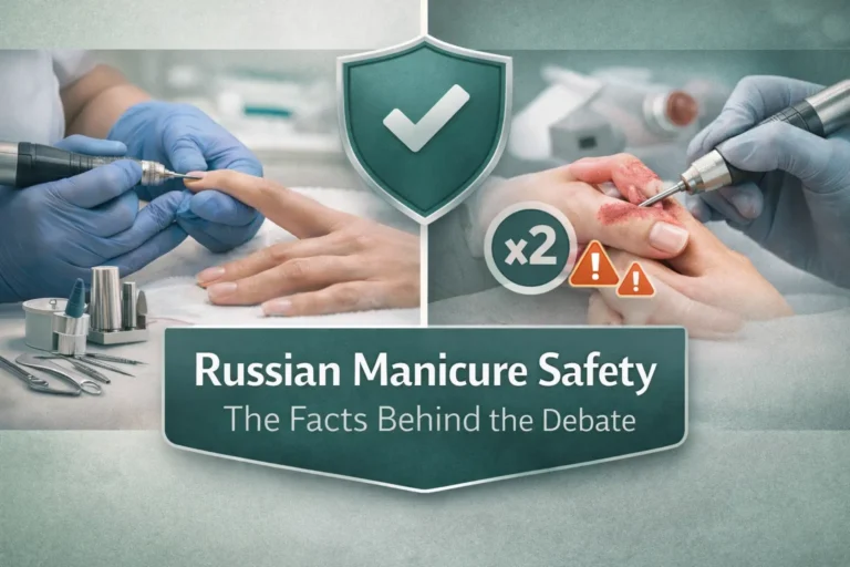 Diagram illustrating professional safety protocols used in Russian Manicure, including controlled e-file technique, cuticle protection, and hygiene standards.