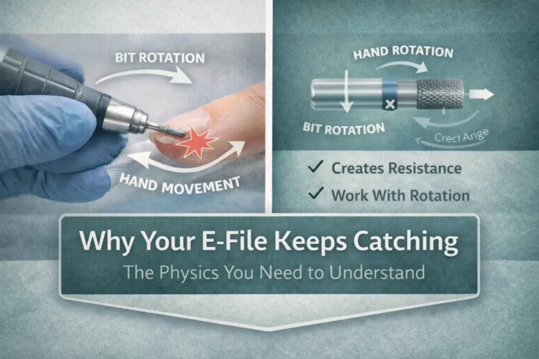 Diagram explaining why an electric nail file catches, showing bit rotation direction, hand movement, and resistance during professional nail filing.