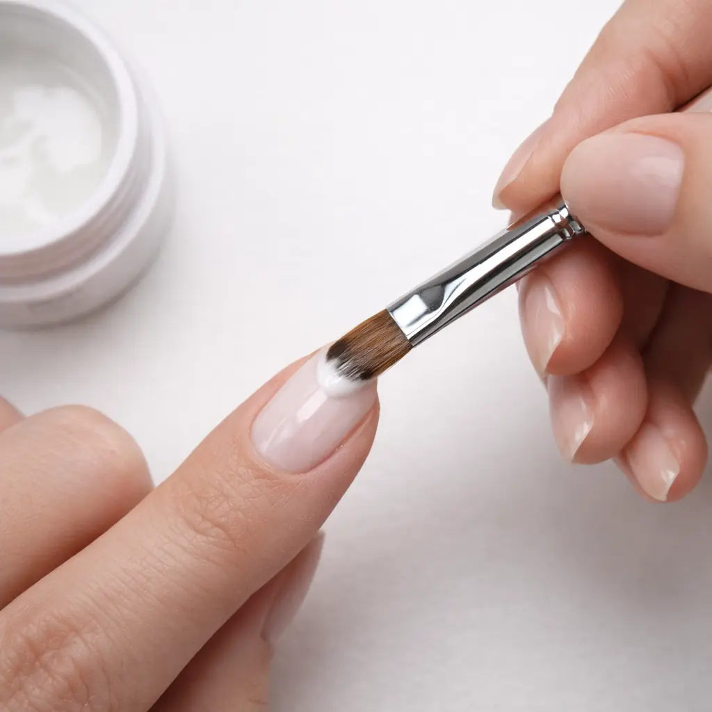 Step-by-step Cloud Dancer BIAB application process showing proper brush technique and layer building