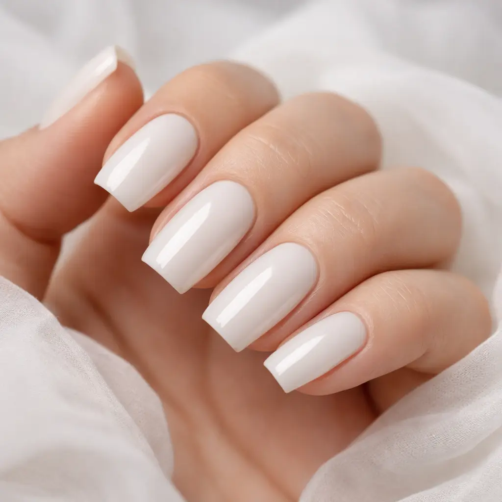 Perfect milky white Cloud Dancer BIAB nails showing soft opacity and professional application without streaks or bubbles