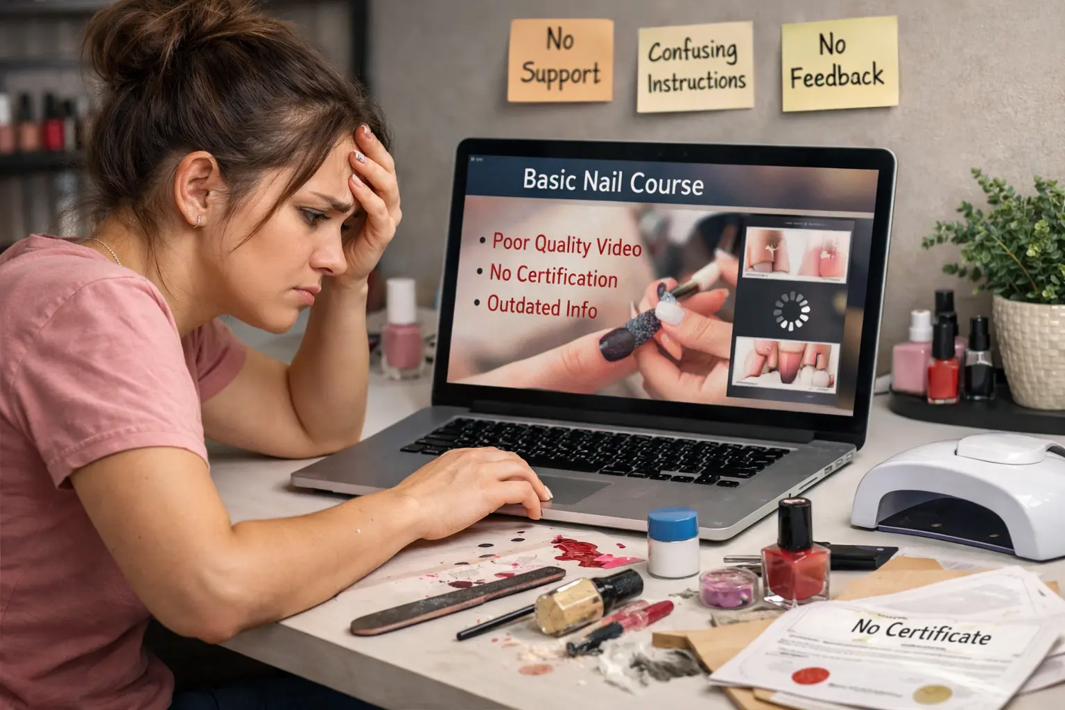 Frustrated student sitting at laptop struggling with poor quality online nail training course showing common signs of inadequate education