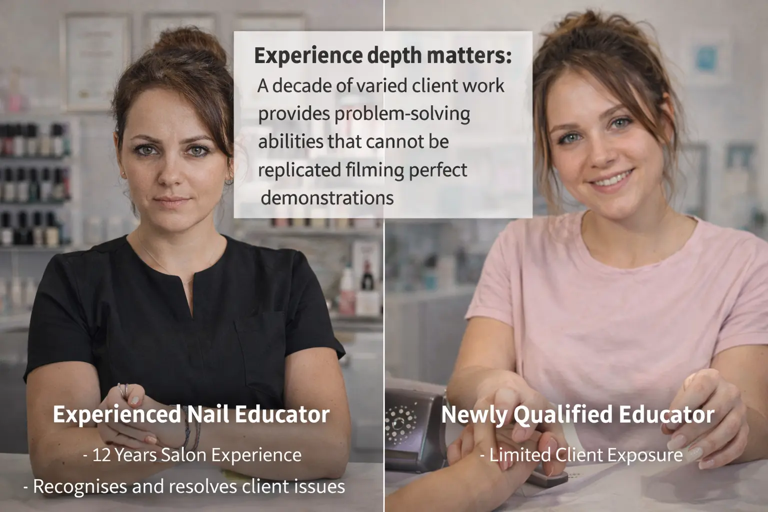 Side by side comparison showing experienced nail educator with 15 years salon experience versus newly qualified educator with limited client exposure demonstrating the difference in troubleshooting ability