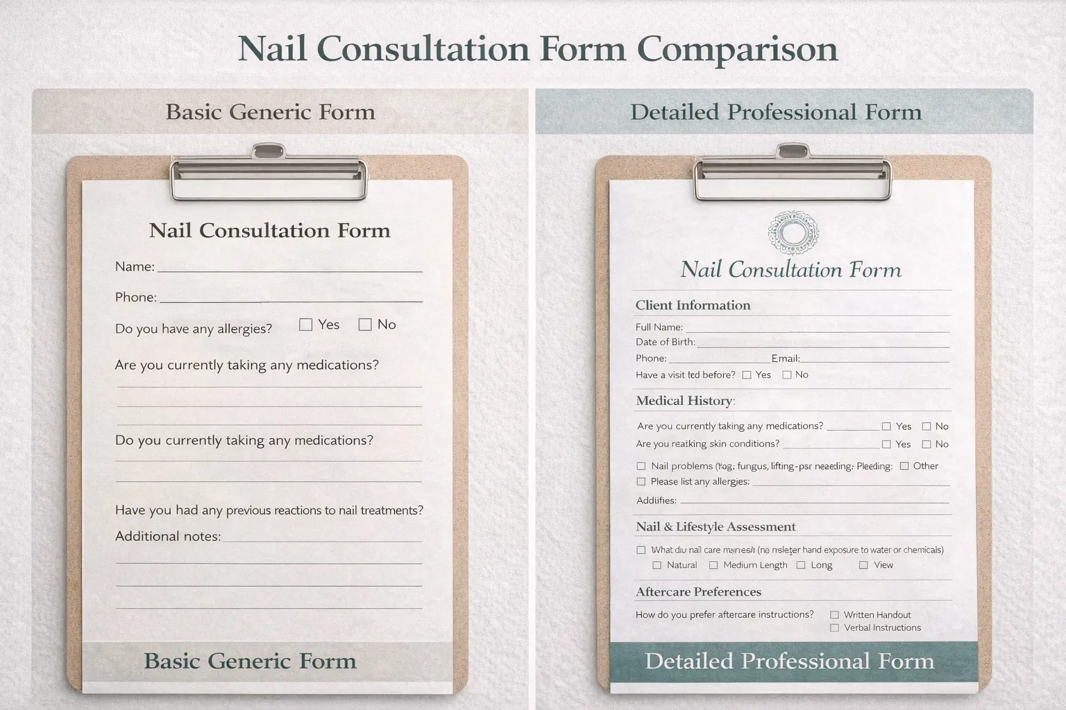 Comparison showing basic consultation form versus comprehensive professional form with contraindication screening and GDPR compliance