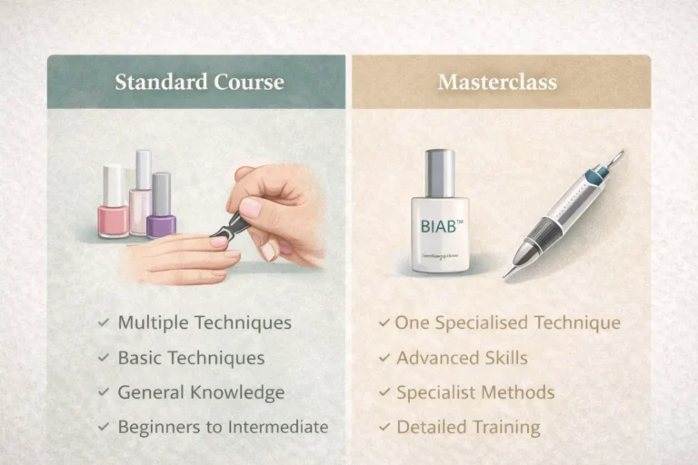 Professional comparison chart showing differences between standard nail courses and masterclasses for nail technicians at different career stages