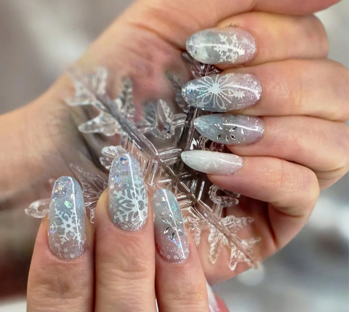 Complete set of frosty snowflake nails created with corrected sandwich dual forms technique showing all five nails with 3D snowflakes and chrome ombre