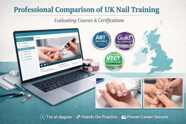 Comparison of top online nail training academies in the UK showing course materials, certification options, and student success stories