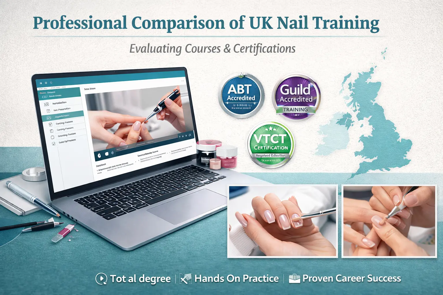 Comparison of top online nail training academies in the UK showing course materials, certification options, and student success stories