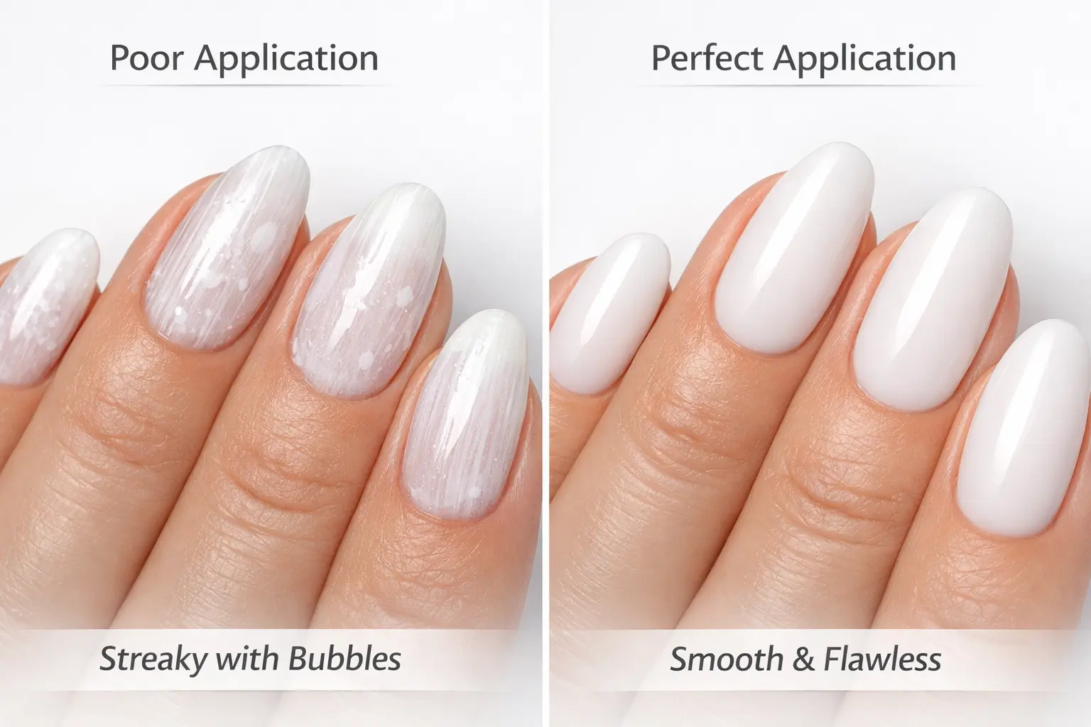 Side-by-side comparison showing streaky white nail application versus perfect milky Cloud Dancer finish demonstrating proper technique
