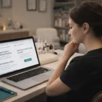 Nail technician comparing online nail masterclass platforms on laptop at a professional nail desk — UK 2026 guide by Artistic Touch Academy