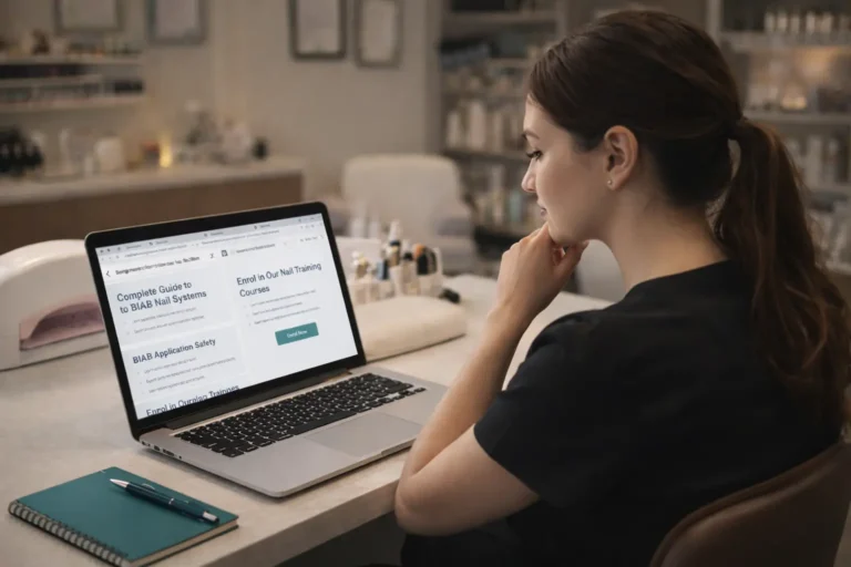 Nail technician comparing online nail masterclass platforms on laptop at a professional nail desk — UK 2026 guide by Artistic Touch Academy