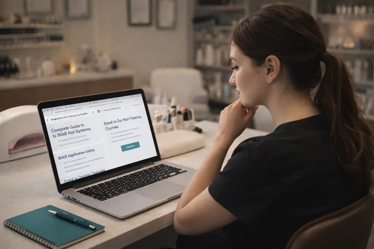 Nail technician comparing online nail masterclass platforms on laptop with professional nail products on desk — UK 2026 guide by Artistic Touch