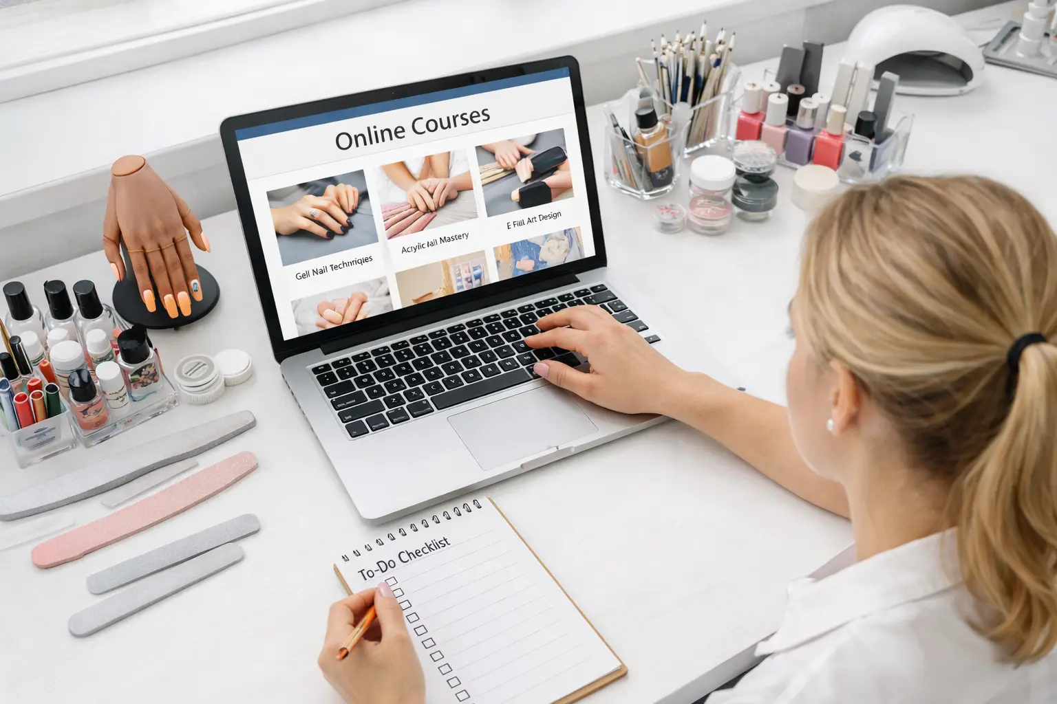 Nail technician researching online nail courses on laptop with training materials and nail supplies on desk
