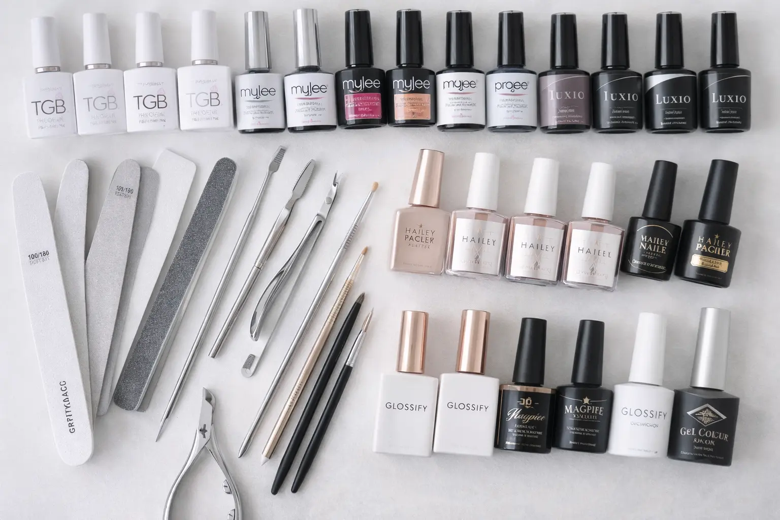 Professional nail technician's desk showing multiple gel brands and suppliers used in practice