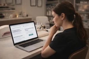 Nail technician researching and comparing online nail masterclass courses on a laptop at a professional nail desk