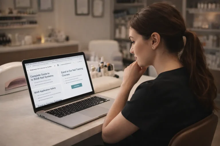 Nail technician researching and comparing online nail masterclass courses on a laptop at a professional nail desk