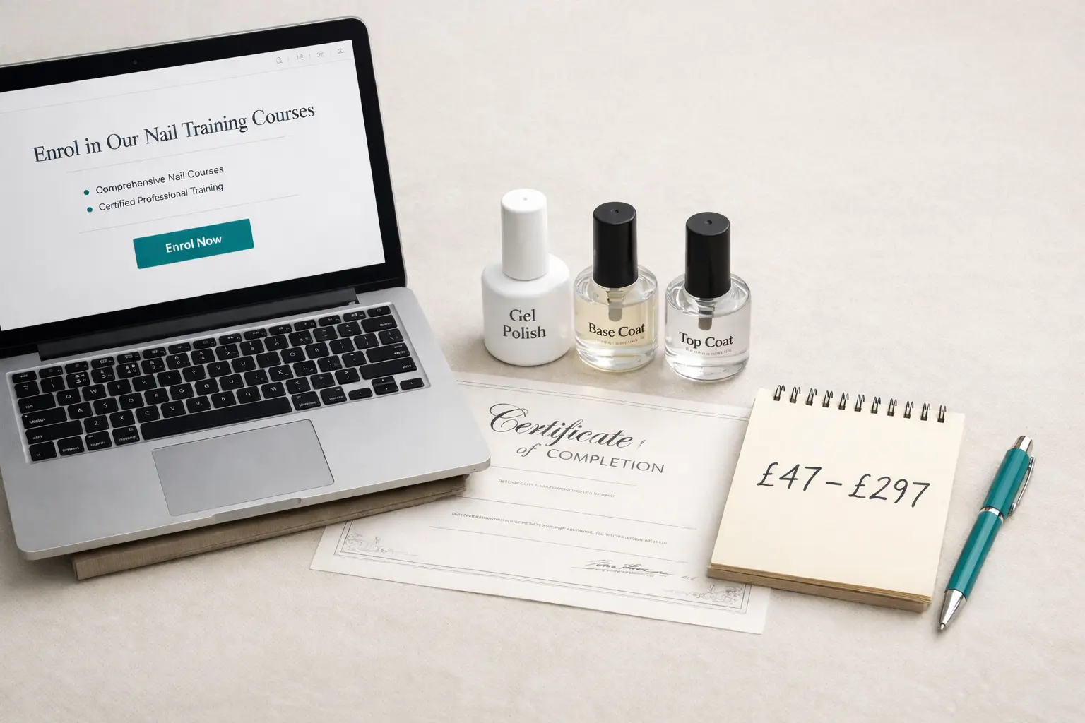 Professional nail masterclass pricing comparison showing different course levels from beginner to advanced on a desk with nail tools and laptop