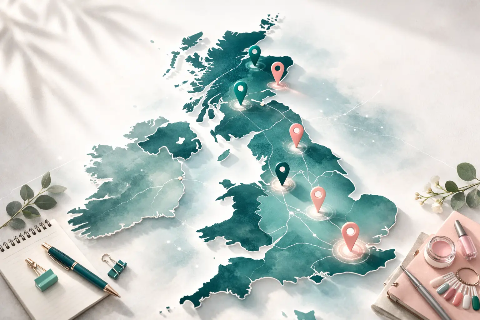 Map showing locations of advanced nail training across the UK — from London to Scotland including online options available nationwide