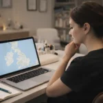 Nail technician researching advanced nail training options across the UK on laptop — finding specialist upskilling courses 2026