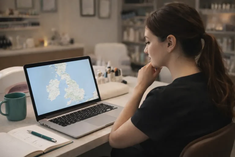 Nail technician researching advanced nail training options across the UK on laptop — finding specialist upskilling courses 2026