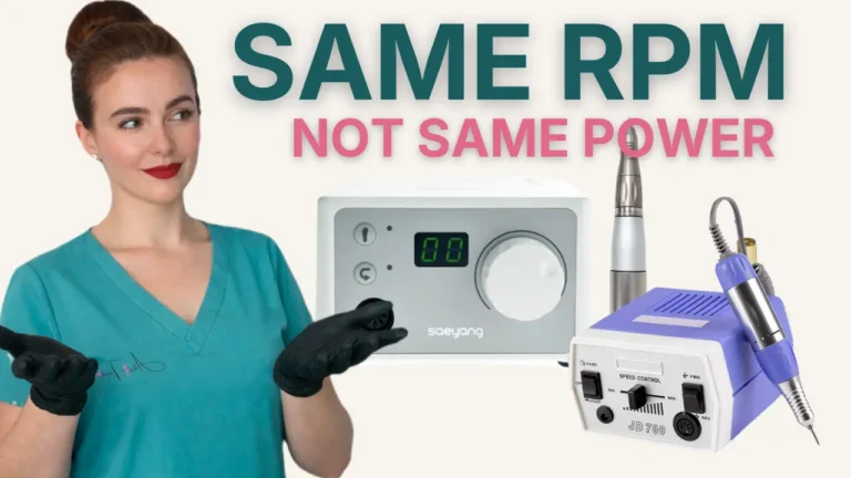 Radina Ignatova comparing JSDA JD700 and Saeyang K35 professional nail drills side by side with text Same RPM Not Same Power