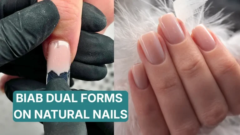 BIAB dual form nails on natural nails — dual form being applied on the left, finished cover pink square nails on the right, by Radina Ignatova, Artistic Touch Nail Training Academy