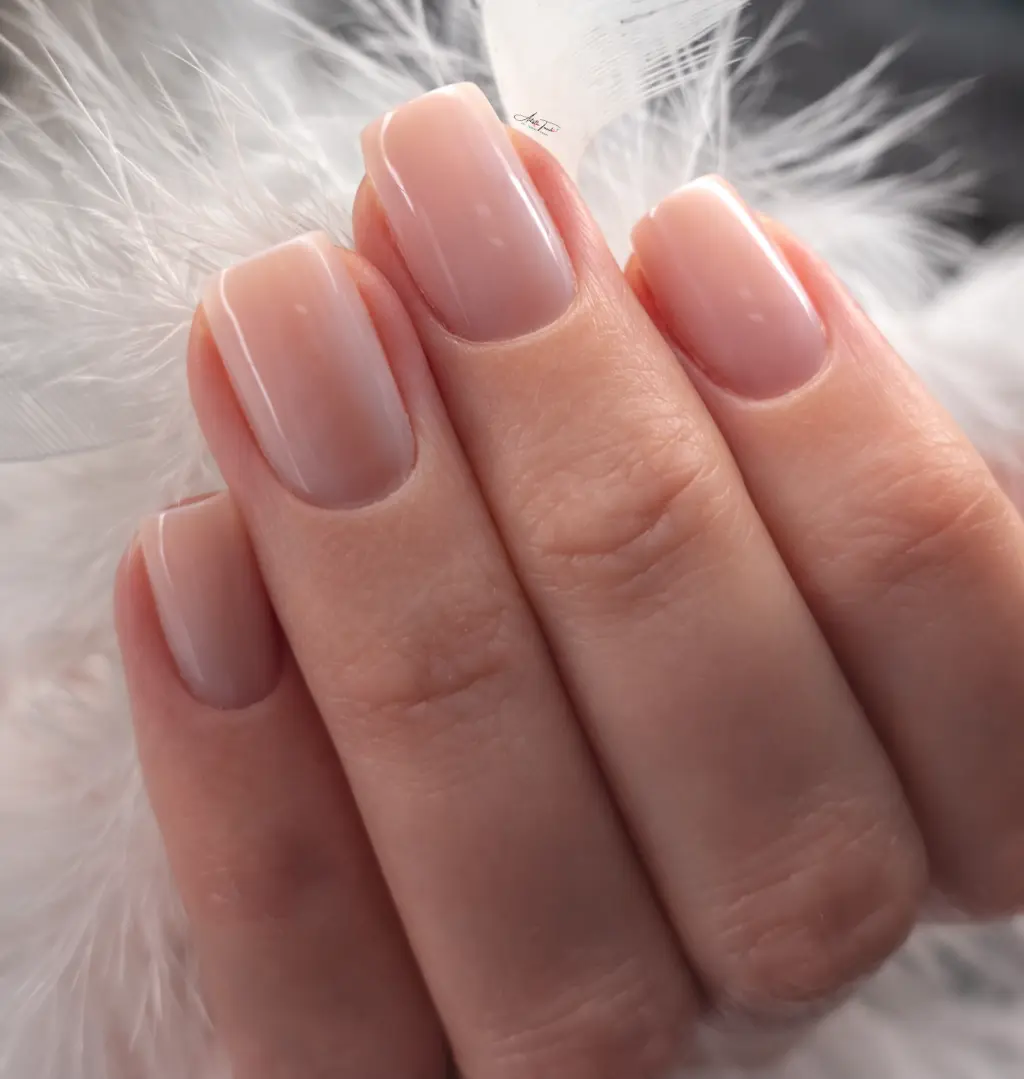 Short square BIAB dual form nails in cover pink sheer finish — flawless cuticle line and smooth structure, by Radina Ignatova, Artistic Touch Nail Training Academy