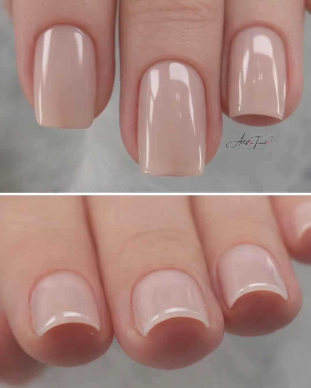 Before and after dual form BIAB nails — top image shows finished nude square gel nails, bottom image shows the thin free edge, smooth C-curve, and flawless underside structure, Artistic Touch Nail Training Academy