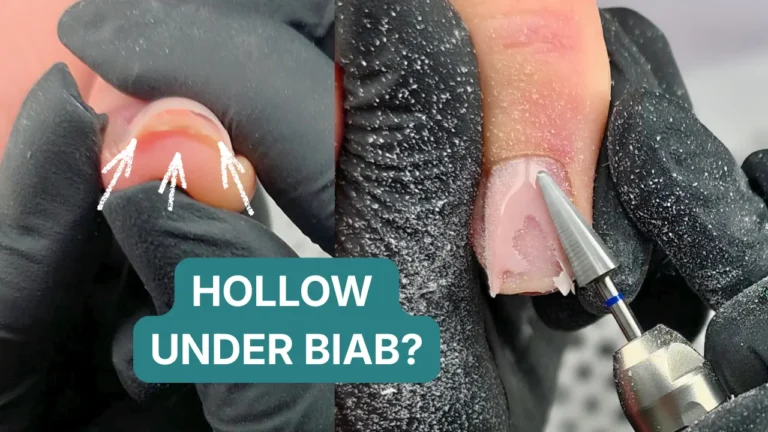 Before and after showing hollow gap under BIAB dual form overlay — left image shows air pocket beneath pink gel with arrows indicating void, right image shows carbide drill bit filing through hollow area for repair, demonstrated by Radina Ignatova, Artistic Touch Nail Training Academy