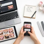Professional nail educator workspace showing laptop with student community chat and devices for reviewing submitted nail work photos