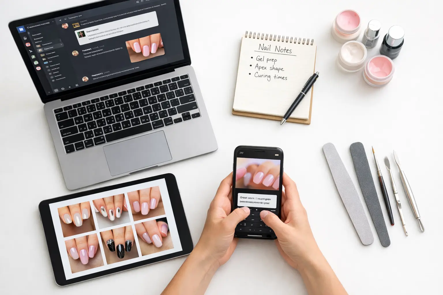 Professional nail educator workspace showing laptop with student community chat and devices for reviewing submitted nail work photos