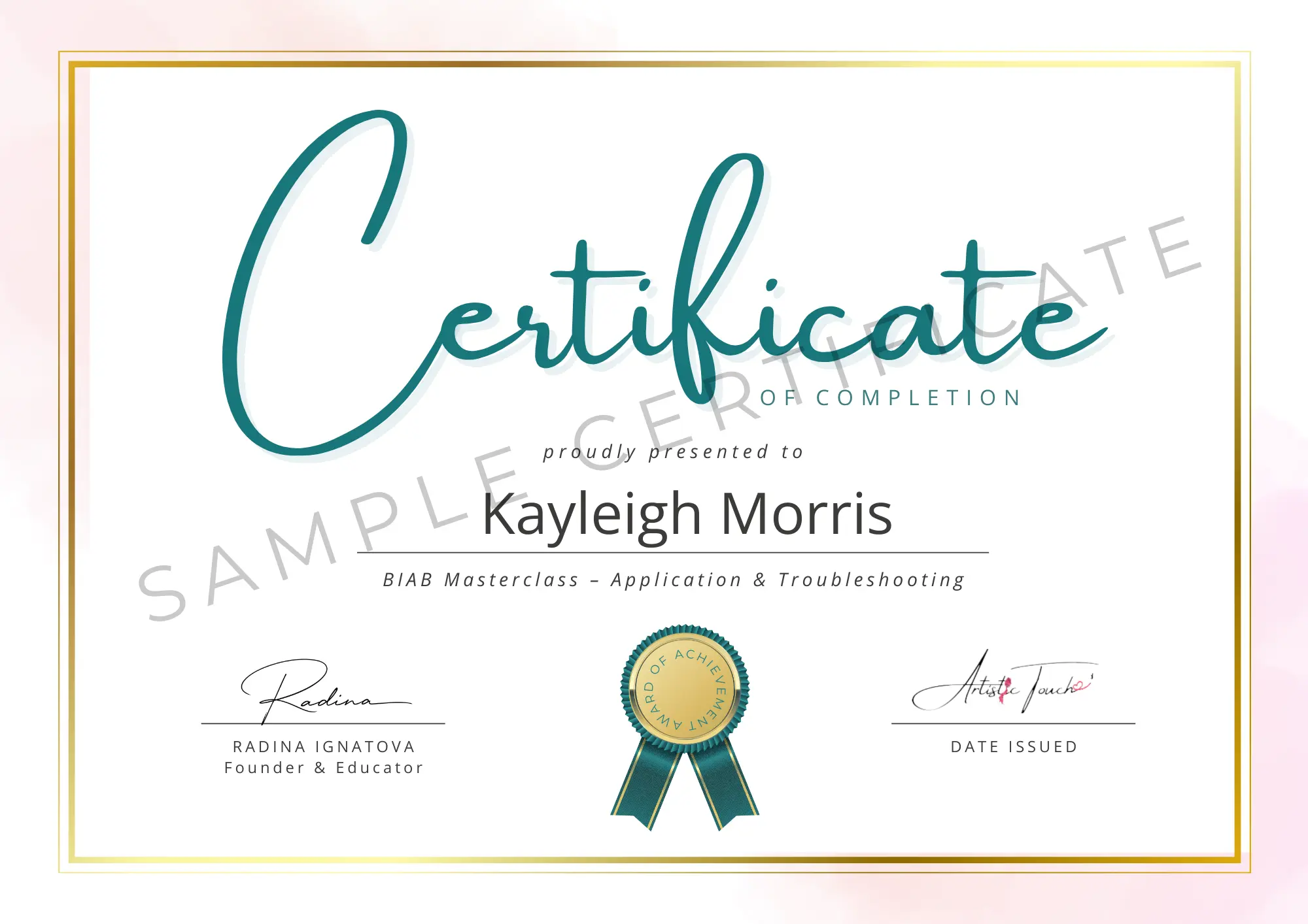 Non-Accredited Certificate of Completion sample from Artistic Touch Nail Training Academy