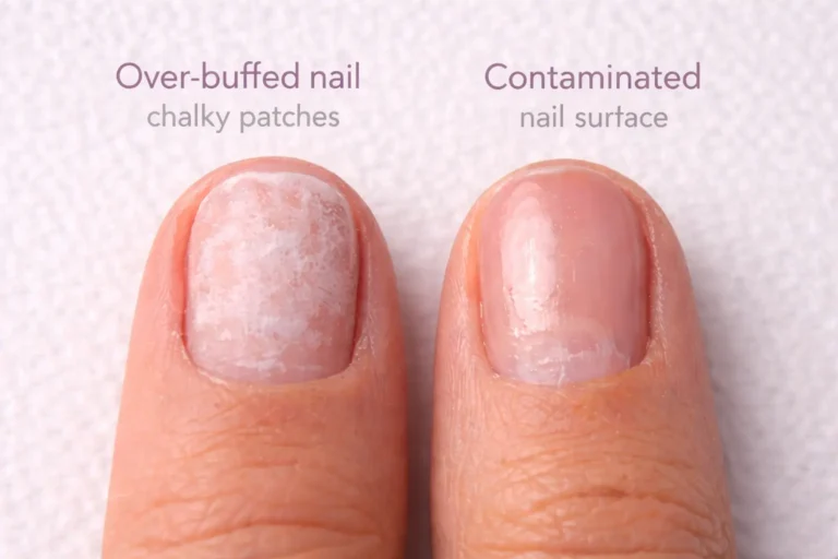 Professional nail preparation station demonstrating common gel polish prep errors including over-buffing and contamination