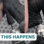 Split-screen demonstration showing two types of e-file glove catches - belly catch from upright bit positioning on left and wrap catch from loose glove material on right with visible dust particles