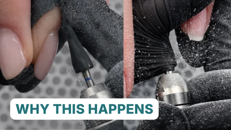 Split-screen demonstration showing two types of e-file glove catches - belly catch from upright bit positioning on left and wrap catch from loose glove material on right with visible dust particles