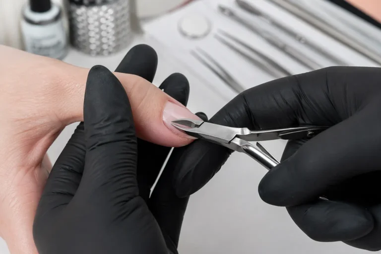 Professional European nail training demonstrating precision cuticle work and clean application technique