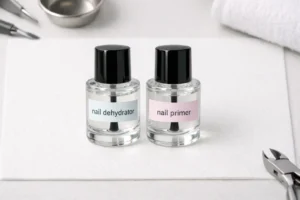 Nail dehydrator and nail primer bottles positioned side by side on professional nail preparation station